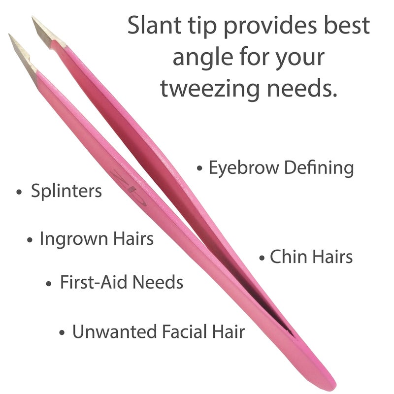 Zizzili Basics Tweezers â€“ Surgical Grade Stainless Steel - Slant Tip for Expert Eyebrow Shaping and Facial Hair Removal â€“ with Protective Pouch (Bubblegum Pink) - Image 2